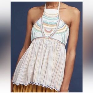 Anthropologie Floreat Itzel Embroidered Metallic Stripe Halter Top Size 6
